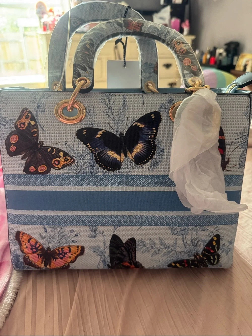 Blue Butterfly Print Structured Tote Bag with matching wallet